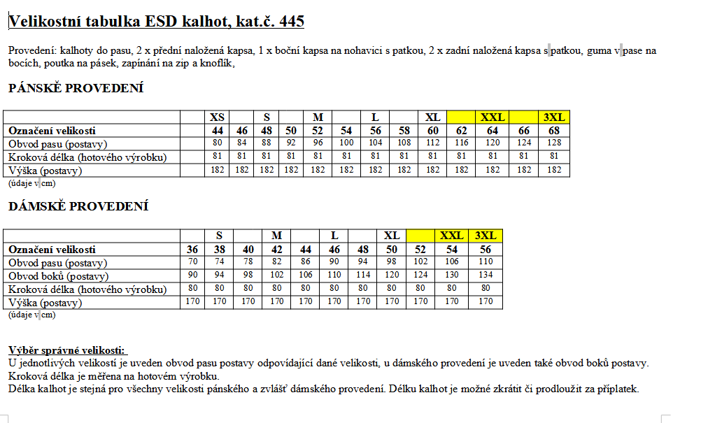 Velikostní tabulka ESD kalhot, typ 445
